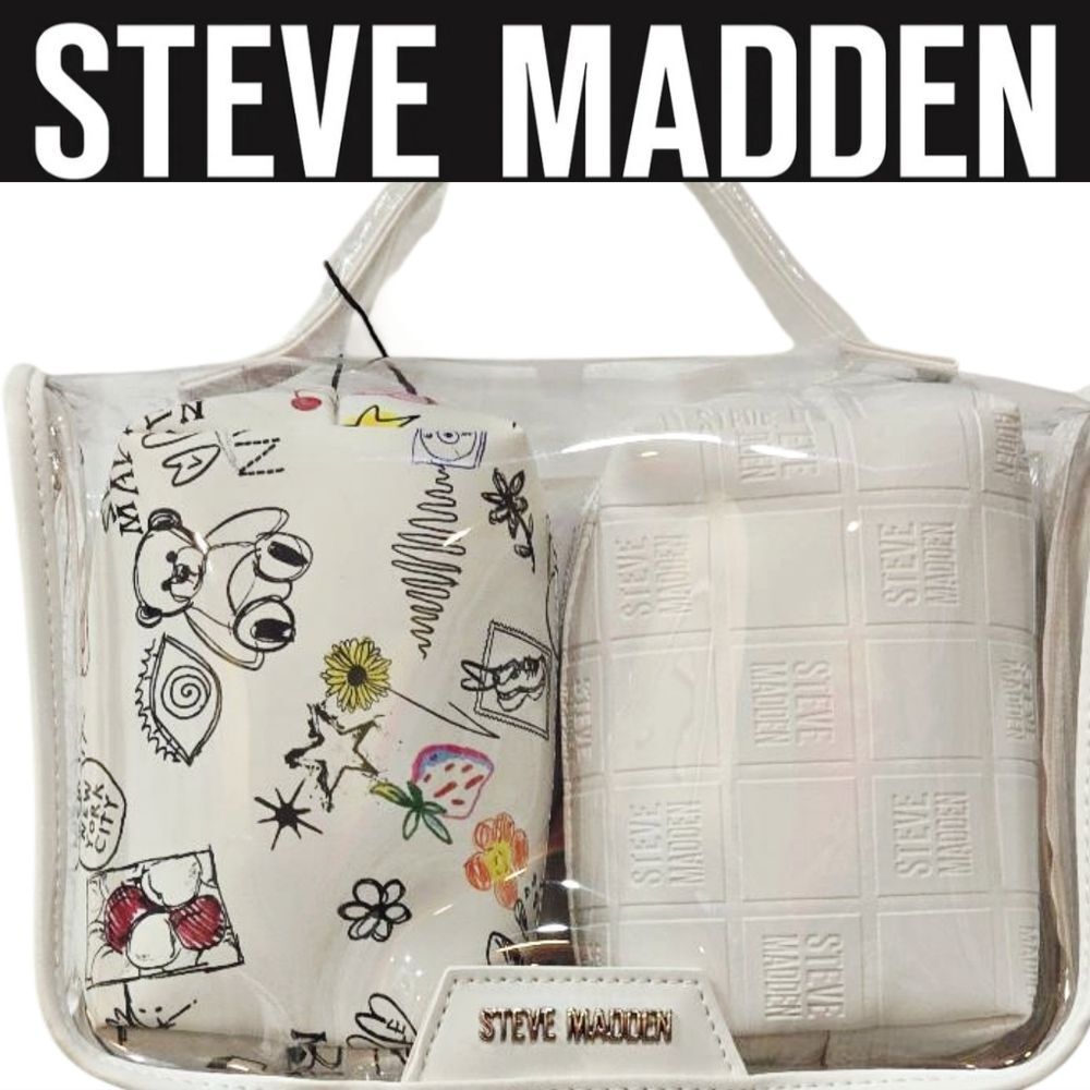 Steve Madden New York City Logo Print Clear Cosmetic Bag Trio